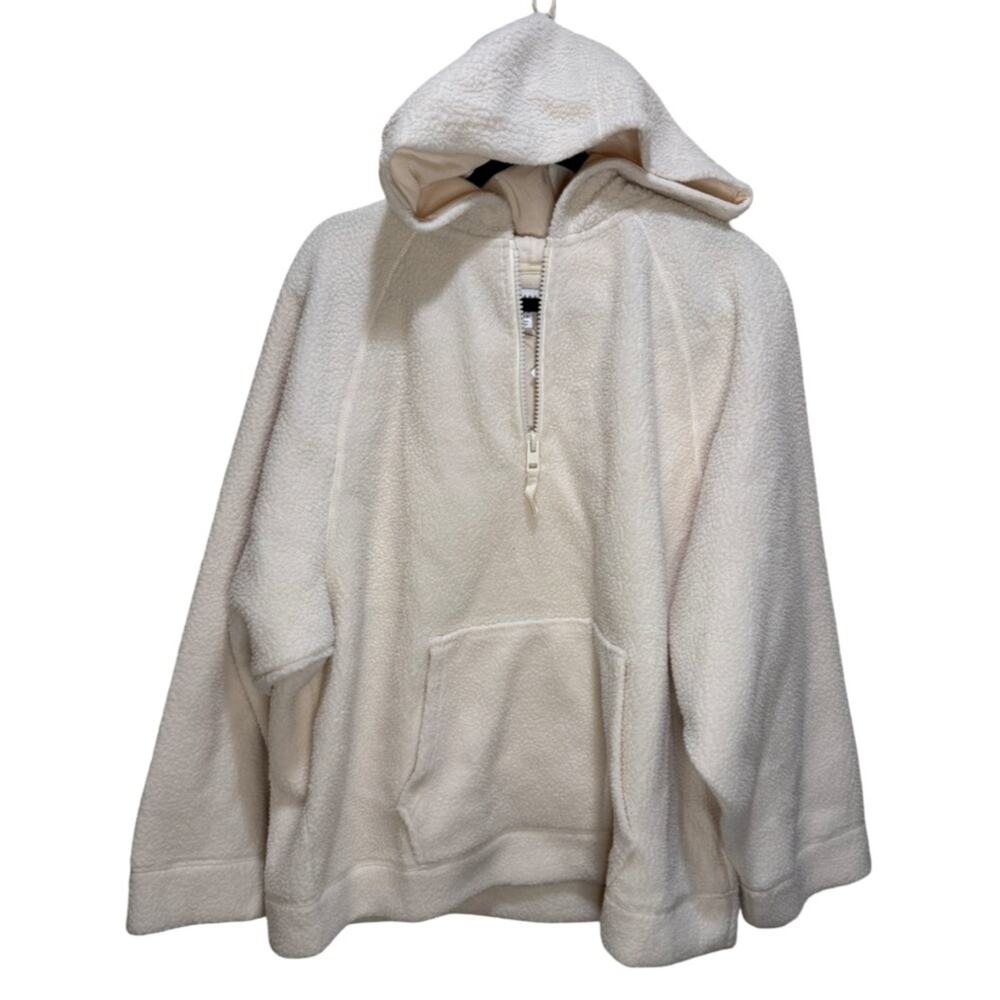 Topshop Borg Quarter Zip Fleece Sherpa Pocket Hoodie - Ivory Size 12